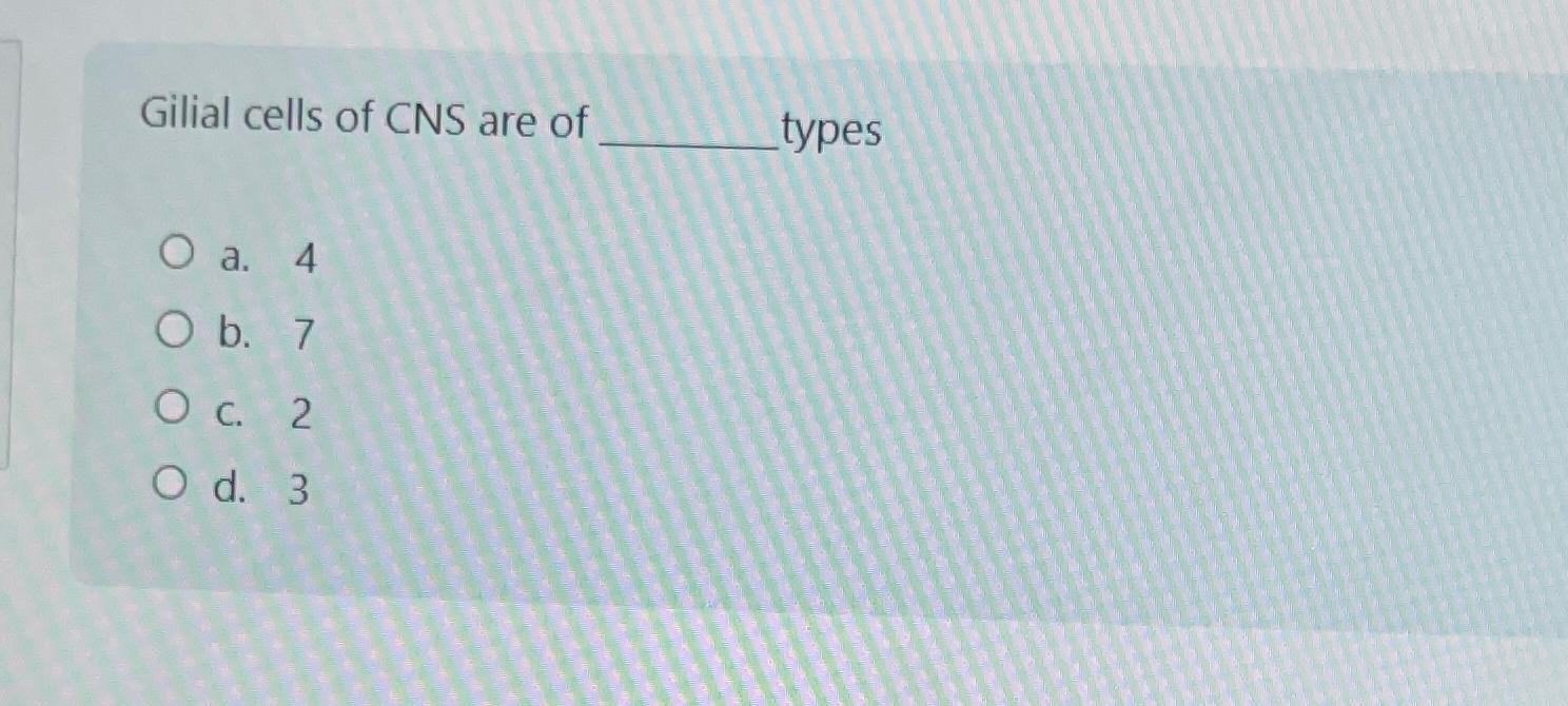 Solved Gilial cells of CNS are of typesa. 4b. 7c. 2d. 3 | Chegg.com