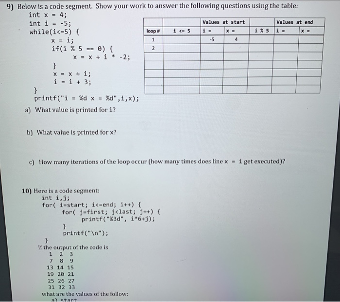 Solved 9) Below is a code segment. Show your work to answer | Chegg.com