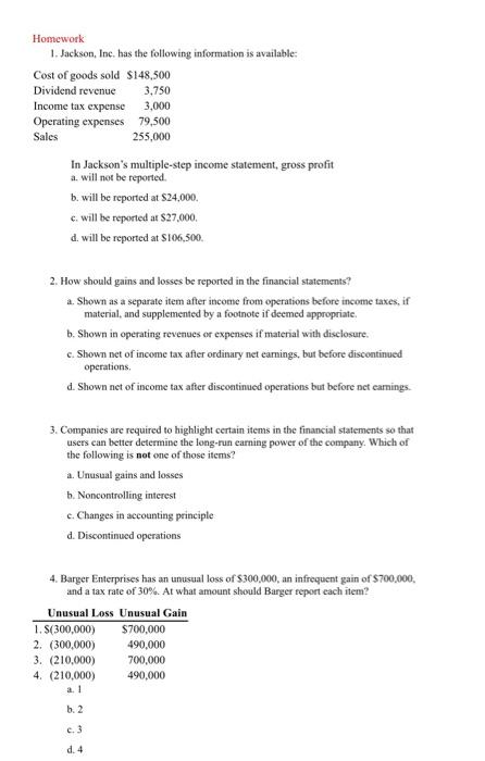 Solved Homework 1. Jackson, Inc. has the following | Chegg.com