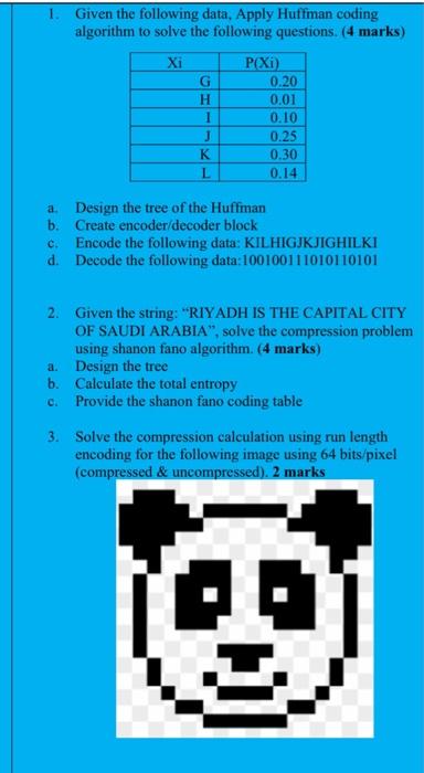 Solved 1. Given The Following Data, Apply Huffman Coding | Chegg.com