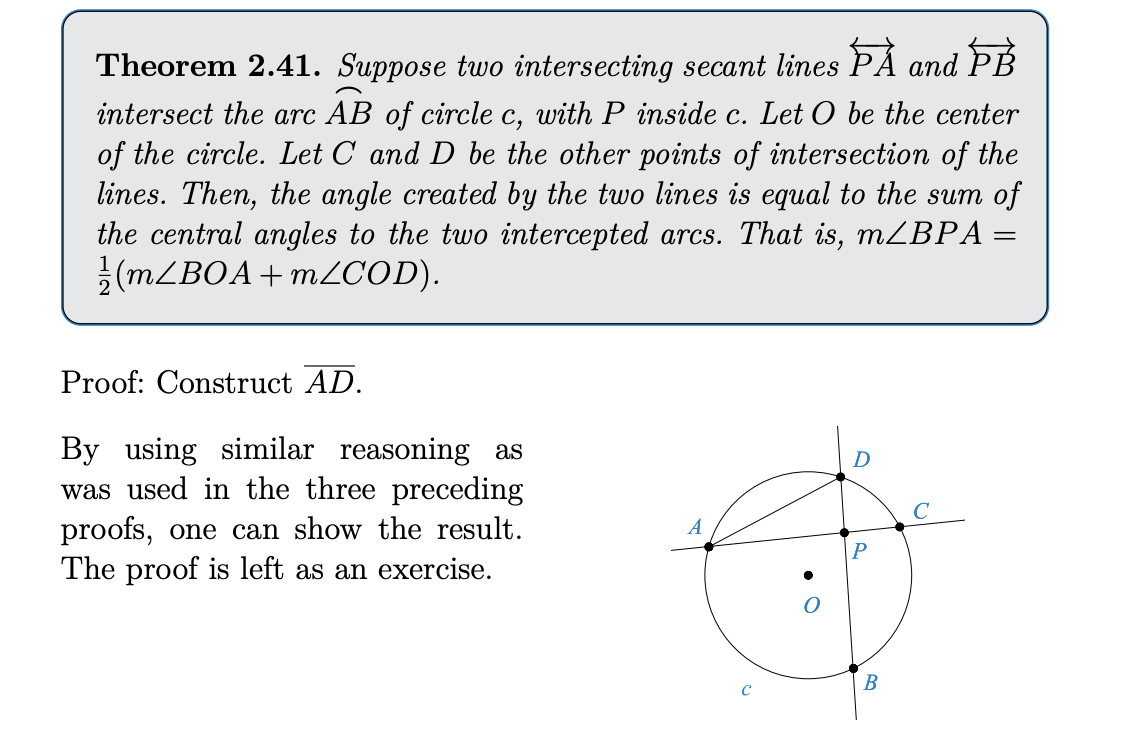 Solved Theorem 2.41. ﻿Suppose two intersecting secant lines | Chegg.com