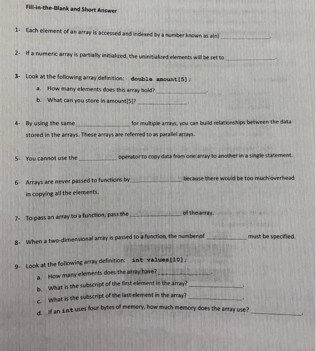 Solved Fill-in-the-Blank and Short Answer Each element of an | Chegg.com