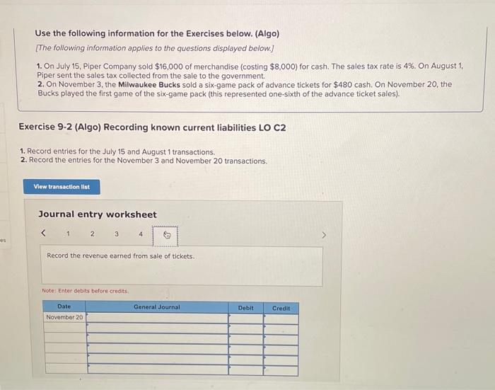 Solved Use the following information for the Exercises | Chegg.com