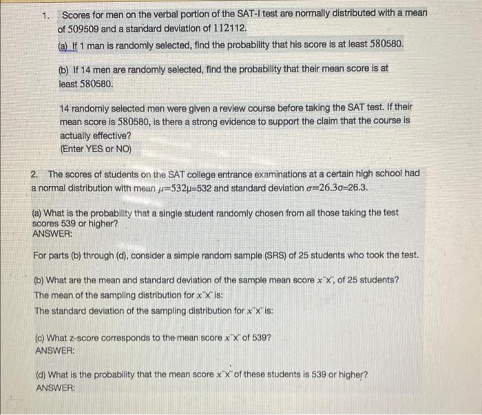 Solved 1. Scores for men on the verbal portion of the SAT-I | Chegg.com
