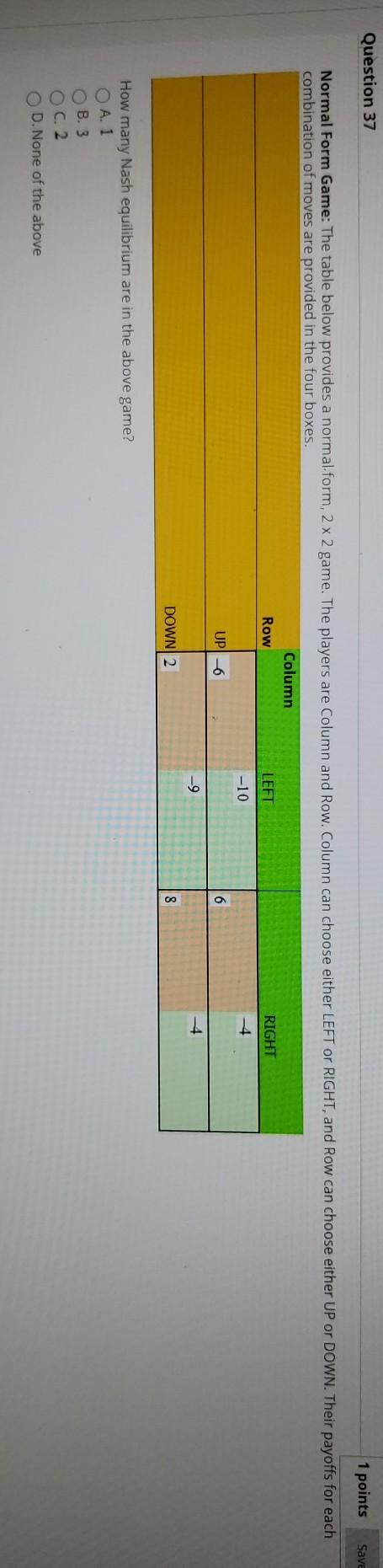 Solved Save Question 37 1 points Normal Form Game: The table | Chegg.com