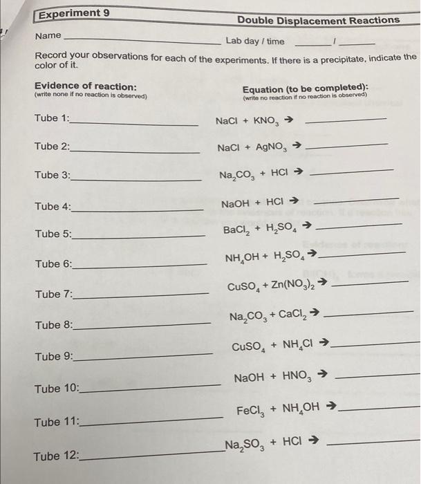 Solved Experiment 9 Double Displacement Reactions Lab day / | Chegg.com