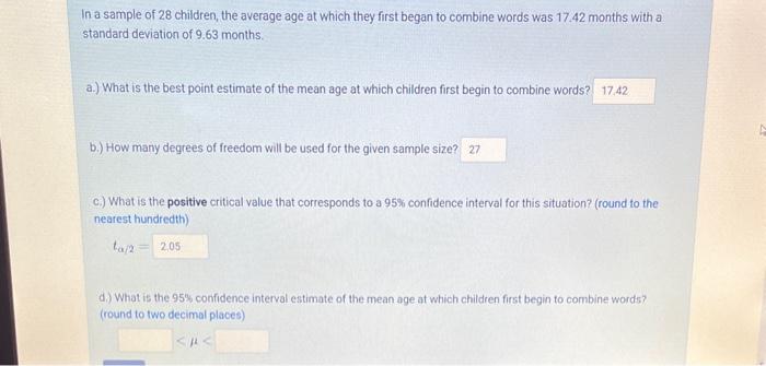 Solved In a sample of 28 children, the average age at which | Chegg.com