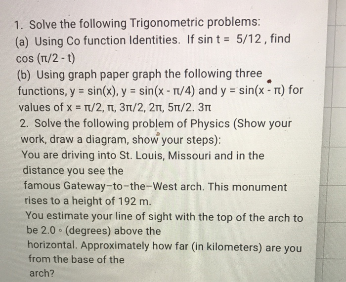 Solved 1. Solve the following Trigonometric problems: (a) | Chegg.com
