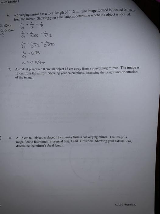 Solved nment Booklet 7 6. A diverging mirror has a focal | Chegg.com