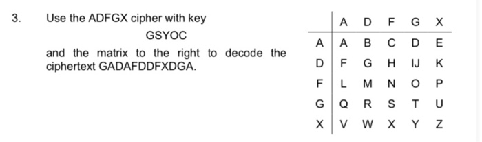 Solved - 3. Use the ADFGX cipher with key GSYOC and the | Chegg.com