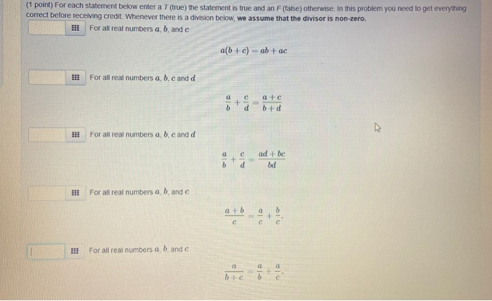 Solved (1 point) For each statement below enter a T (true) | Chegg.com