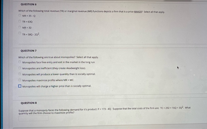 Solved QUESTION 6 Which of the following total revenue (TR) | Chegg.com