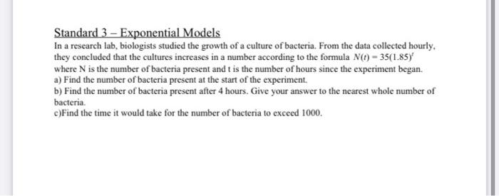 Solved Standard 3 - Exponential Models In A Research Lab, | Chegg.com