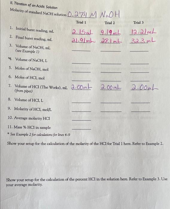 Solved II. Titration of an Acidic Solution Molarity of | Chegg.com