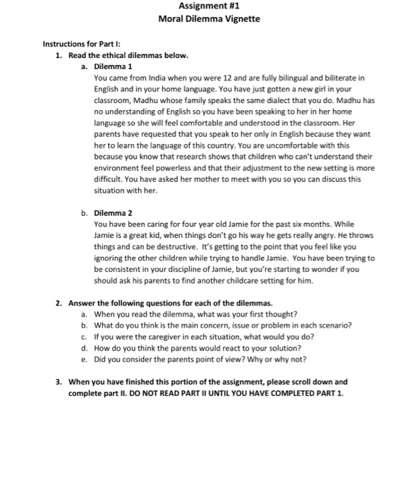 Assignment 1 Moral Dilemma Vignette Instructions For Chegg Com