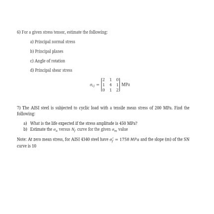 Solved 6) For a given stress tensor, estimate the following | Chegg.com