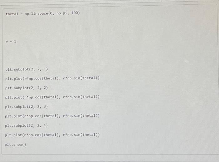 theta1 \( =n p .1 \) inspace \( (\theta, n p . p i, 100) \) \[ r=1 \] plt. subplot \( (2,2,1) \) plt.plot( \( \left(r^{*} n p