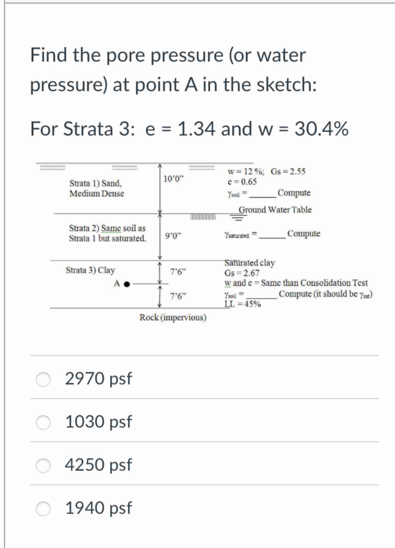 Solved Find the pore pressure (or ﻿waterpressure) at ﻿point | Chegg.com