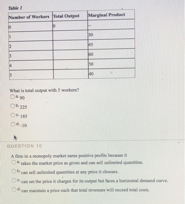 Solved Table 1 Number of Workers Total Output Marginal | Chegg.com