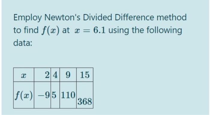 Solved Employ Newton's Divided Difference method to find | Chegg.com