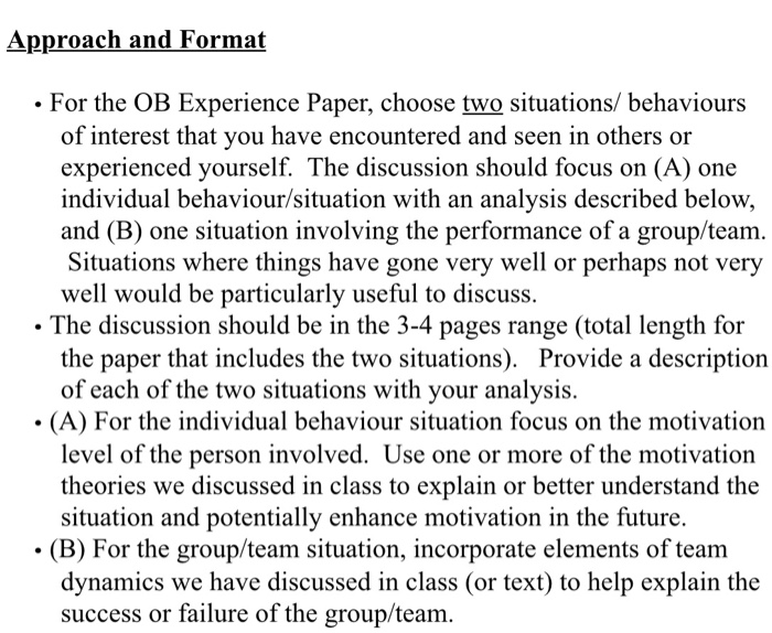 Solved Approach and Format • For the OB Experience Paper, | Chegg.com