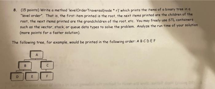 Solved 8. (15 points) Write a method 'levelOrder | Chegg.com