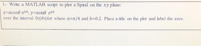 Solved 1- Write a MATLAB script to plot a Spiral on the xy | Chegg.com