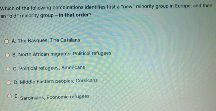 Which of the following combinations identifies first a new minority group in Europe, and then an old minority group - in