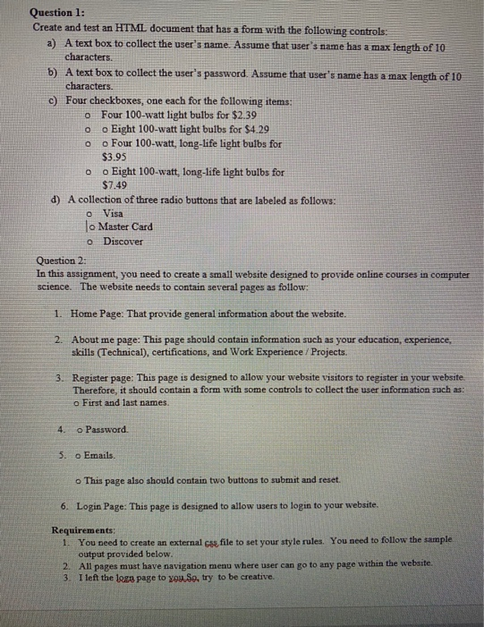 Solved o Question 1: Create and test an HTML document that | Chegg.com