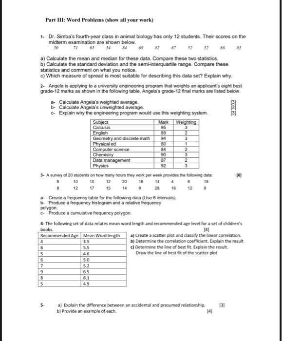 Solved Part III: Word Problems (show all your work) 54 1. | Chegg.com