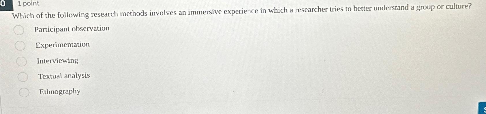 Solved Which of the following research methods involves an | Chegg.com