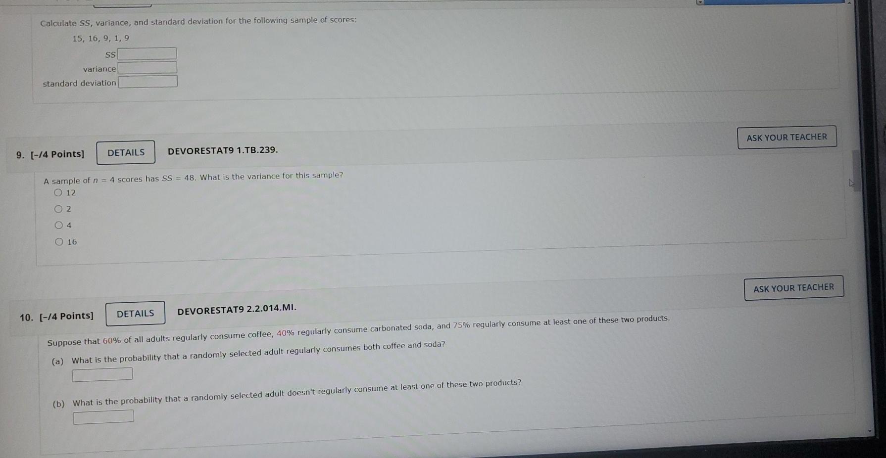 Solved Calculate SS, variance, and standard deviation for