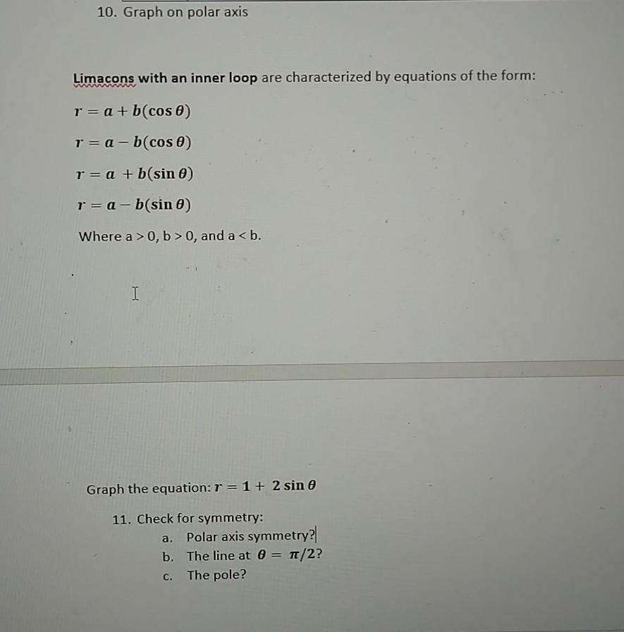 Solved 10. Graph on polar axis Limacons with an inner loop | Chegg.com