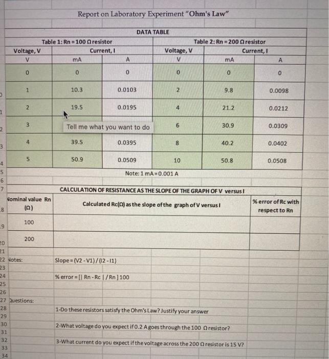 Solved Report On Laboratory Experiment Ohm S Law Data T Chegg Com