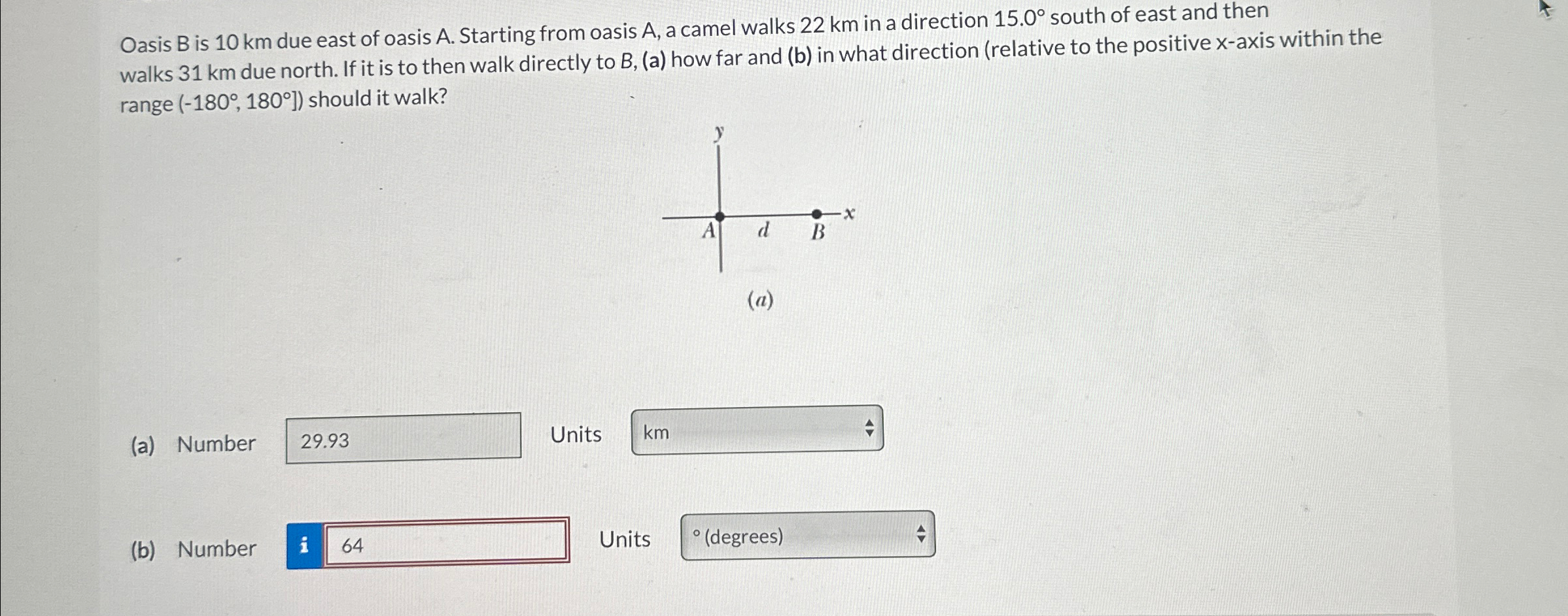 Solved Oasis B ﻿is 10km ﻿due east of oasis A. ﻿Starting from | Chegg.com