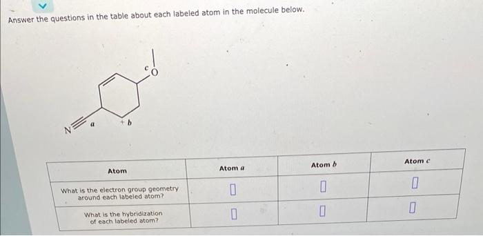 Answer the questions in the table about each labeled atom in the molecule below.