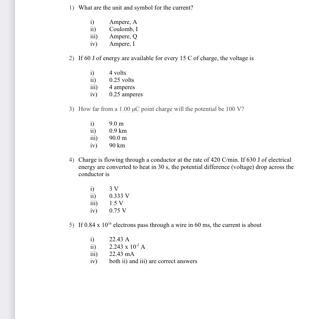 What are the unit and symbol for the current?i) | Chegg.com
