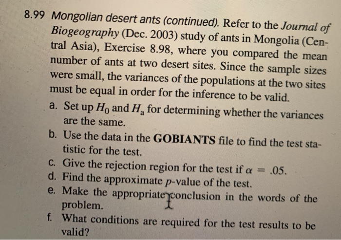 Solved 8.99 Mongolian desert ants (continued). Refer to the 