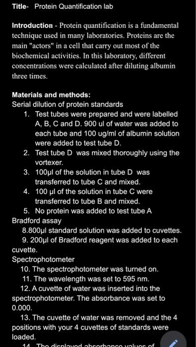 Title- Protein Quantification lab Introduction - | Chegg.com
