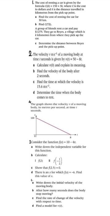 Solved 2. The ve 1. The cost of renting a car is given by | Chegg.com