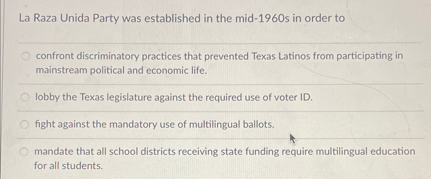 Solved La Raza Unida Party was established in the mid-1960s | Chegg.com