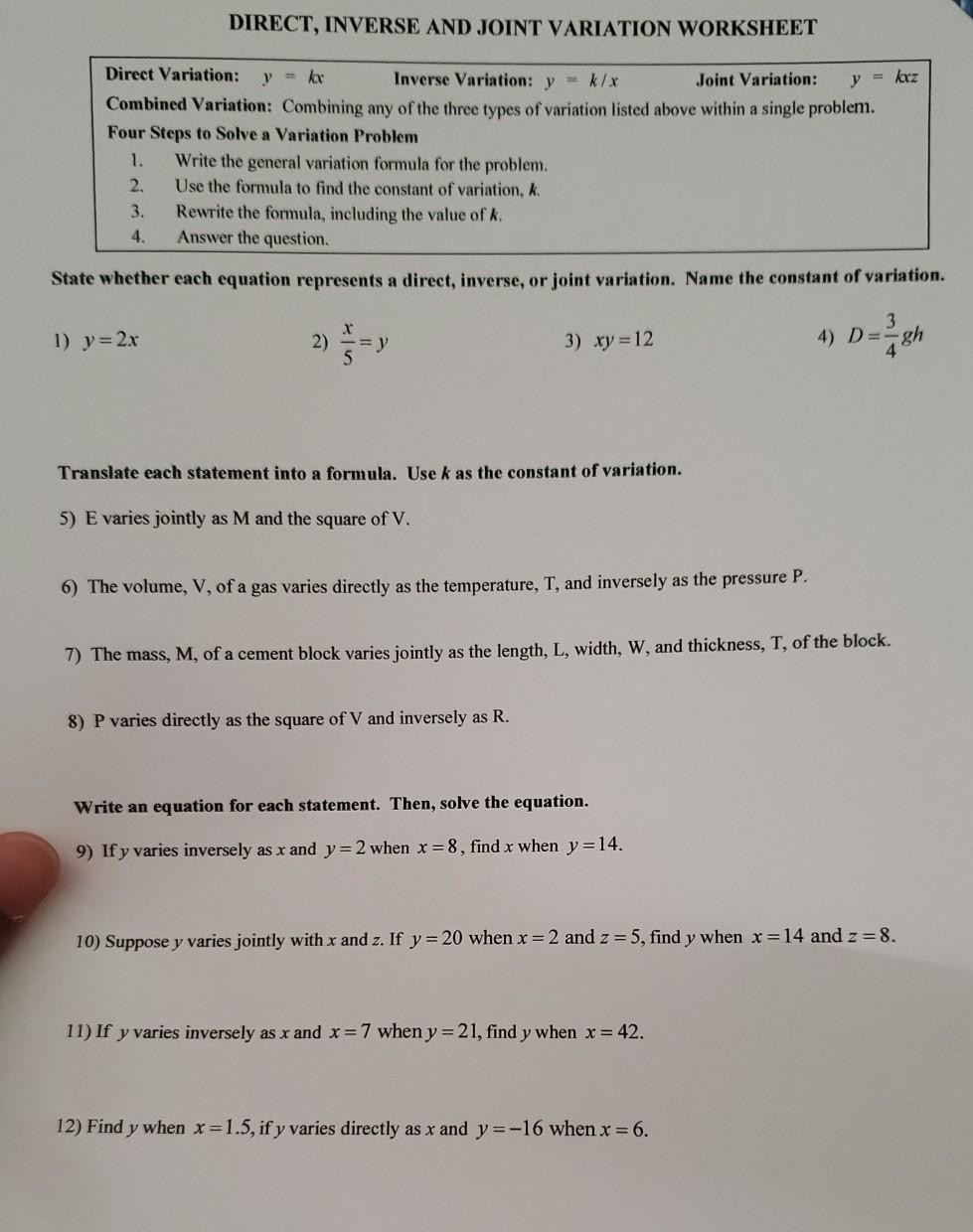 Solved DIRECT, INVERSE AND JOINT VARIATION WORKSHEET Direct In Direct And Inverse Variation Worksheet