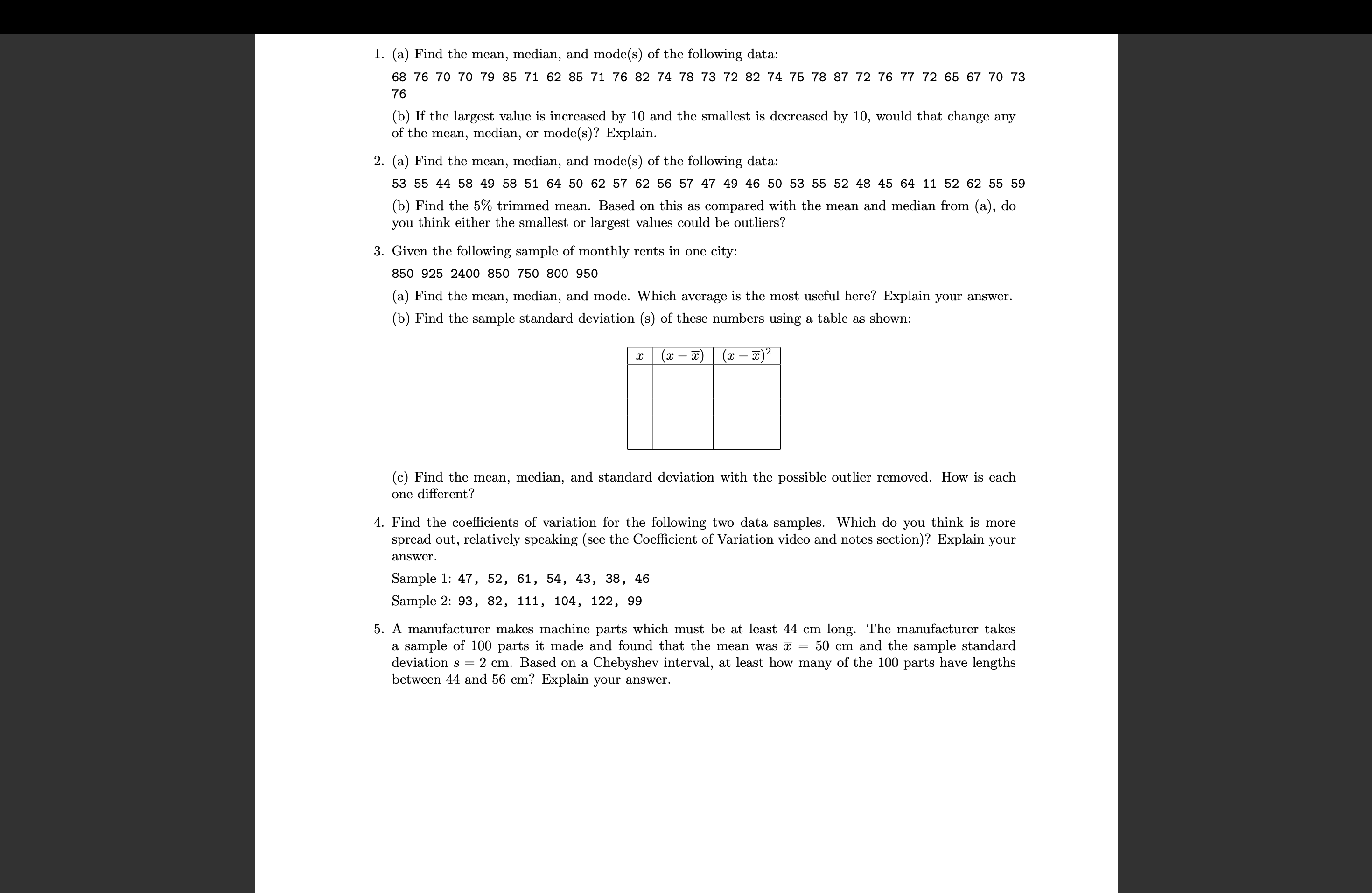 Solved (a) ﻿Find the mean, median, and mode(s) ﻿of the | Chegg.com