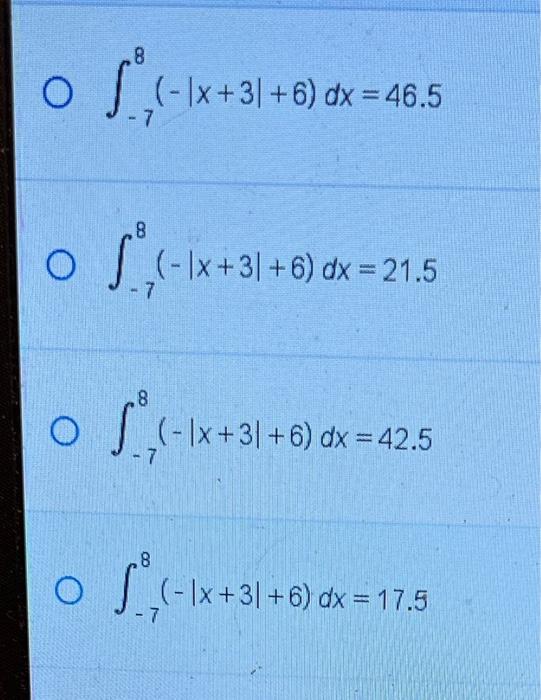 Solved ∫−78(−∣x+3∣+6)dx∫−78(−∣x+3∣+6)dx=46.5 | Chegg.com
