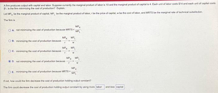 Solved A firm produces output with captal and labor, Suppose | Chegg.com