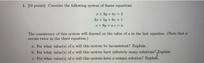 Solved 1. [10 points) Consider the following system of | Chegg.com
