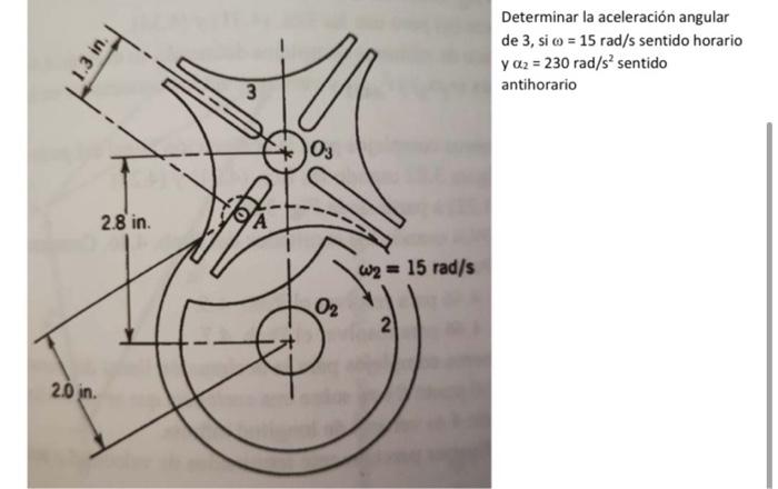 1.3 in. Determinar la aceleración angular de 3, si o = 15 rad/s sentido horario y 02 = 230 rad/ssentido antihorario 3 03 A 2.