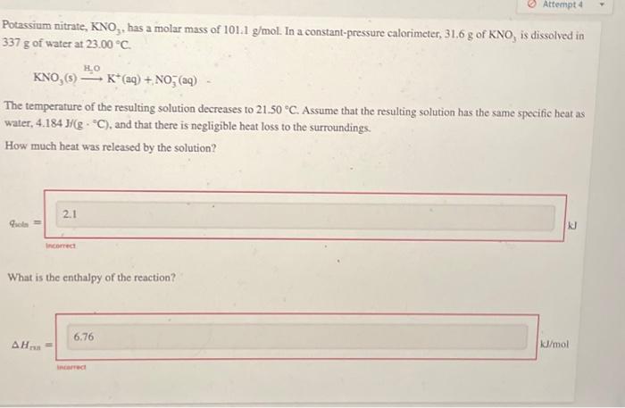 Solved Potassium Nitrate Kno3 Has A Molar Mass Of 1011 9102