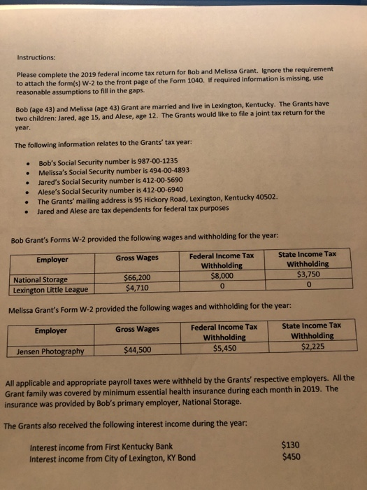 Instructions: Please complete the 2019 federal income | Chegg.com