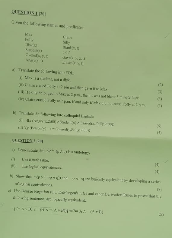 Solved Question 1 [20]given The Following Names And